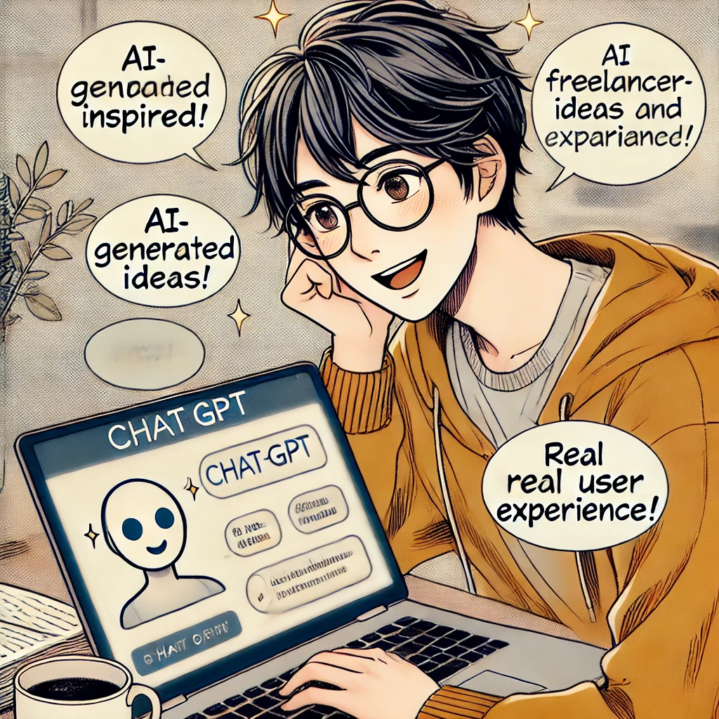 ChatGPTとの対話でアイデアを得て満足げな表情を浮かべるフリーランス