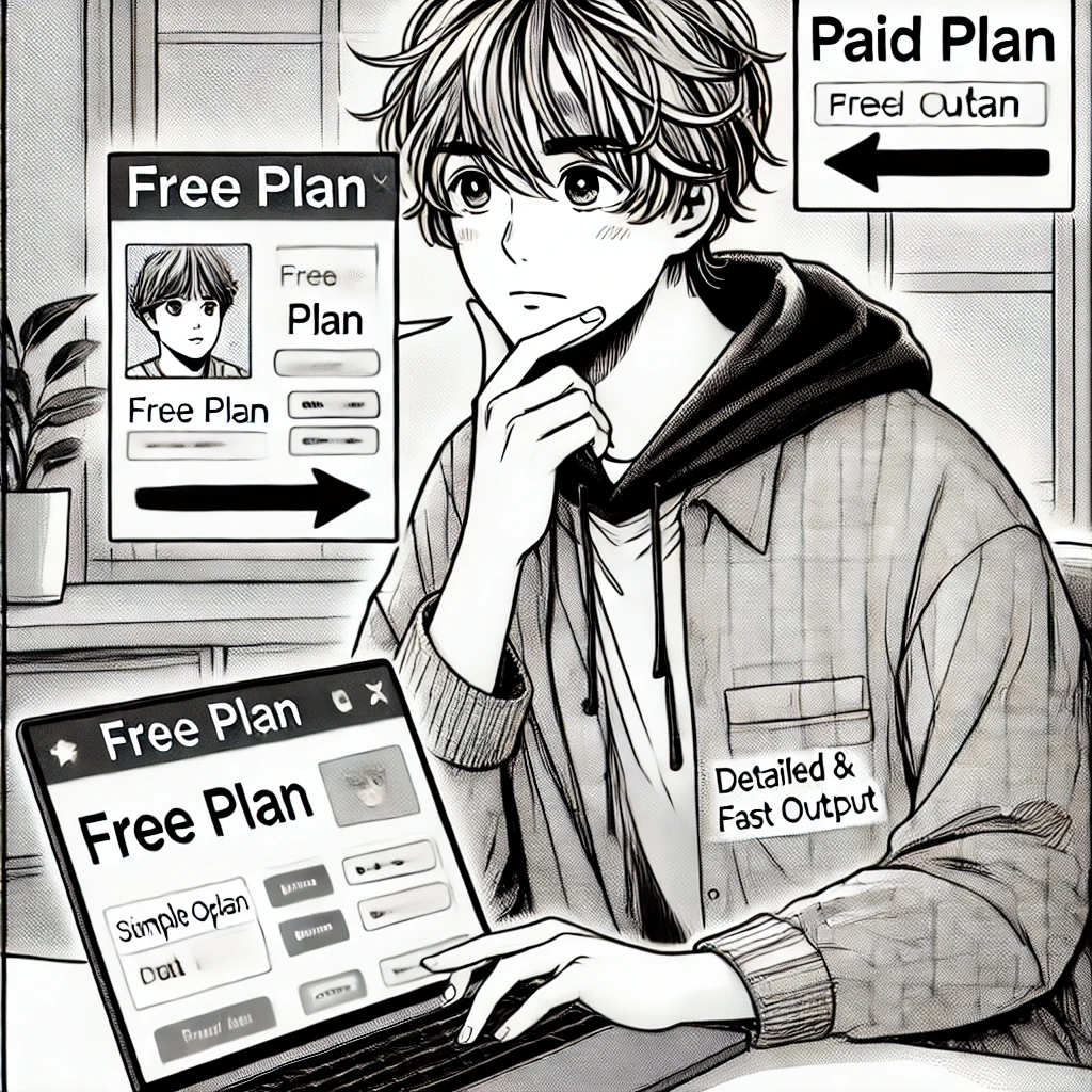 ノートパソコンでChatGPTの無料プランと有料プランを比較して考え込むフリーランス