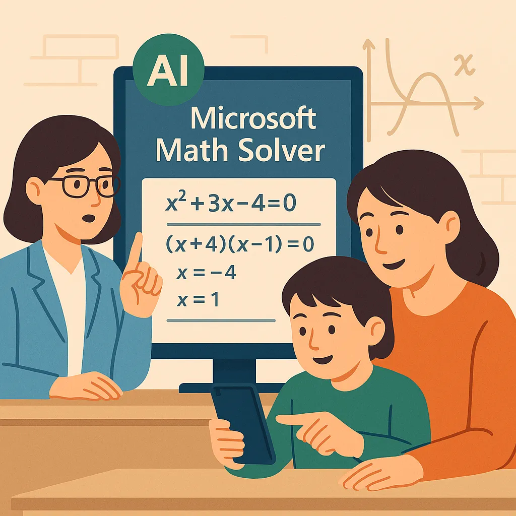 Microsoft Math Solverを使って数学を学ぶ親子と教師のイメージ