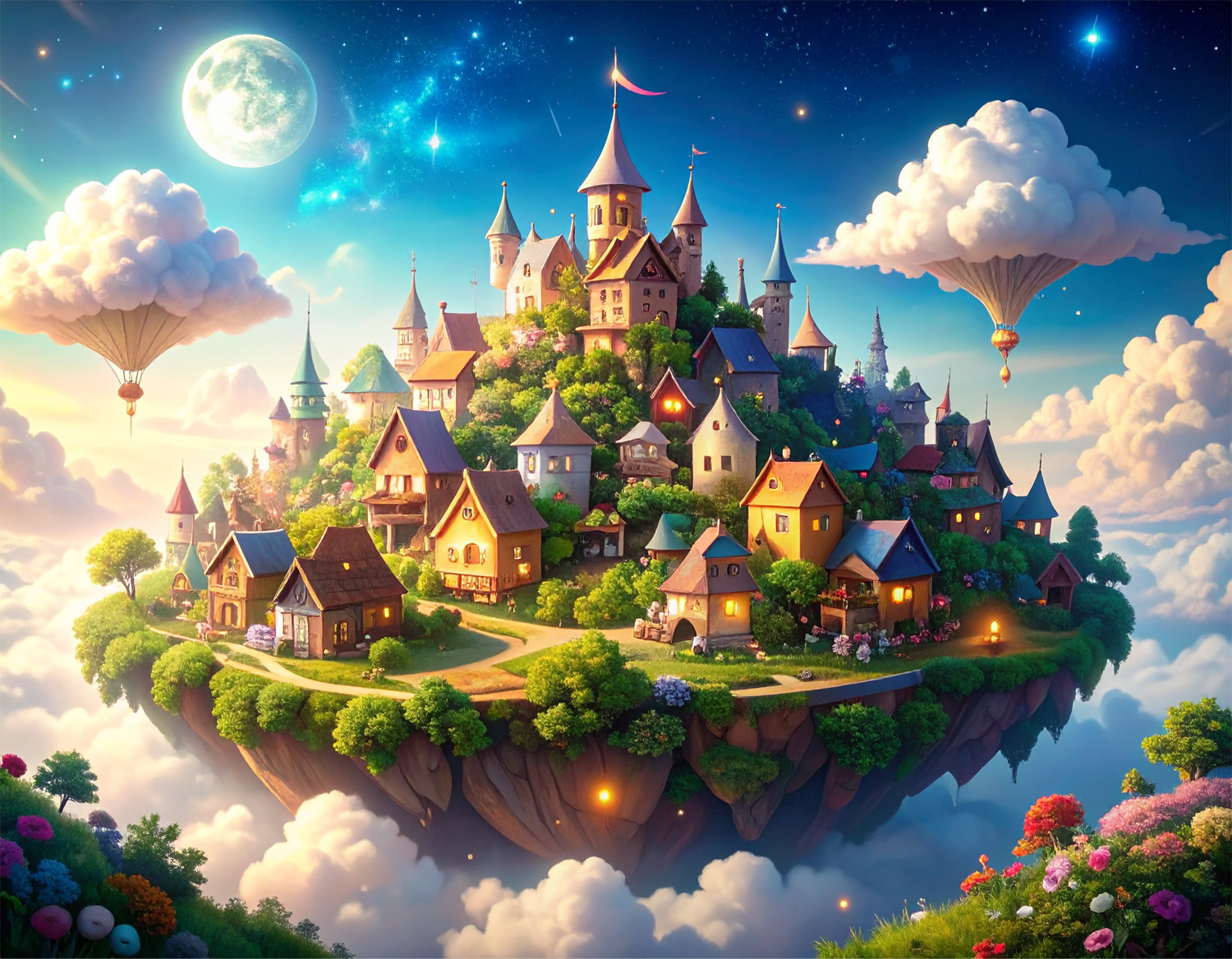 空に浮遊する幻想的なおとぎの世界の村の風景