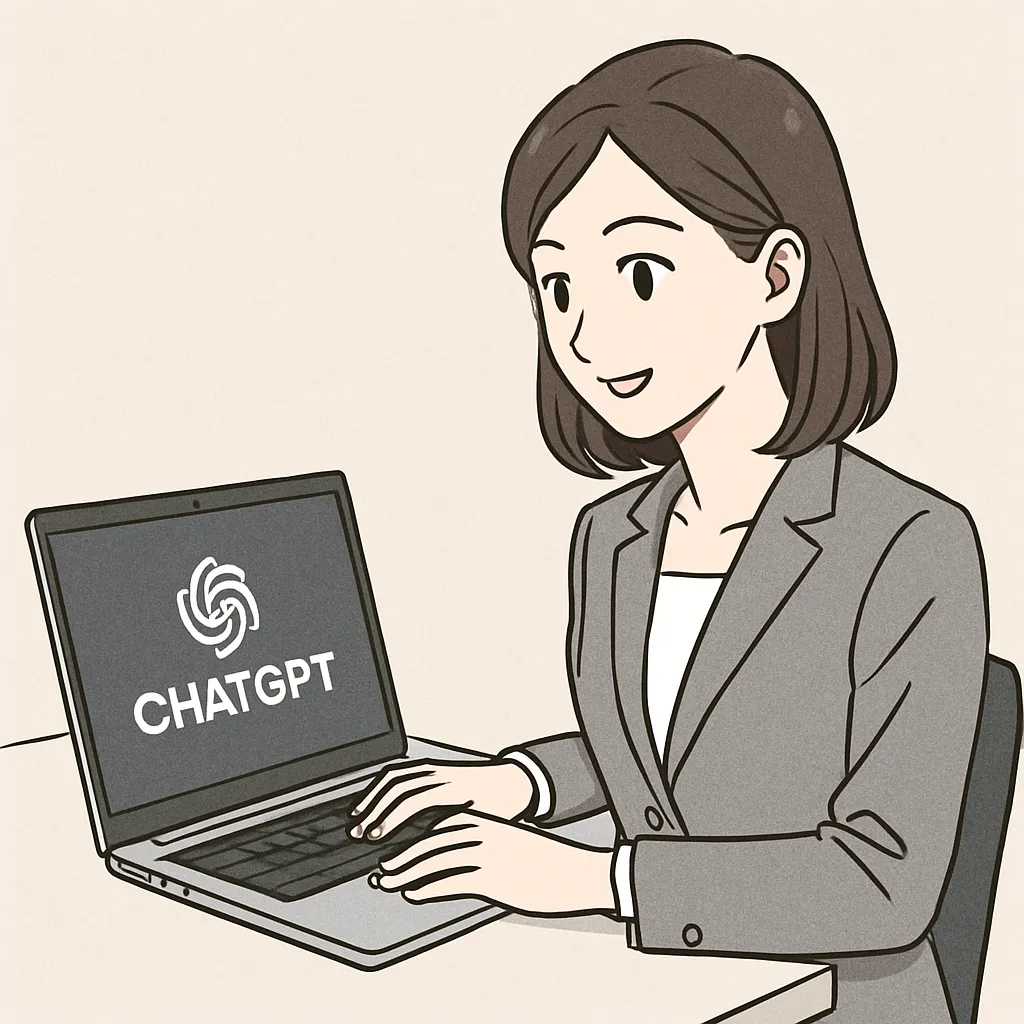 スーツ姿のオフィスレディがデスクでノートパソコンを使い、ChatGPTを操作している様子のイラスト
