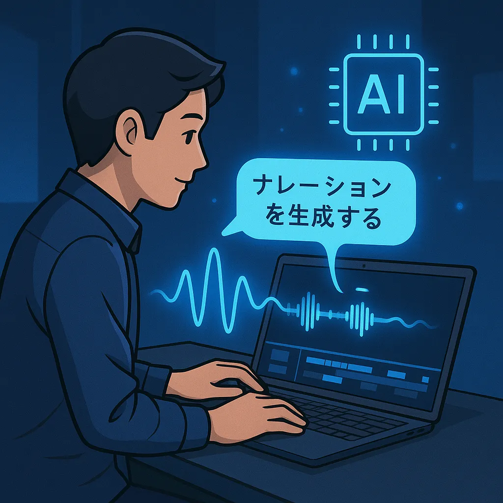 日本語のナレーションを音声AIで生成している動画編集者のイラスト。