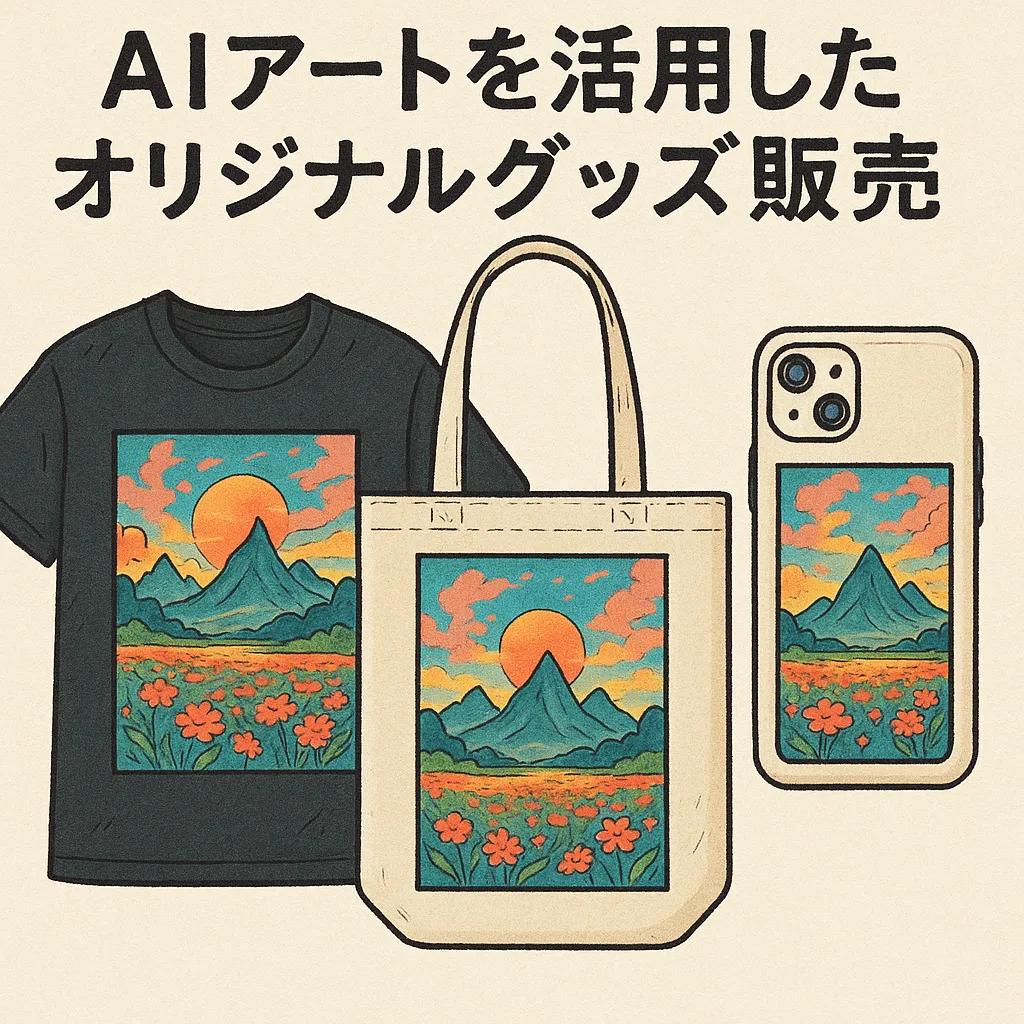 Tシャツ、トートバッグ、スマホケースにAI生成の風景アートがプリントされたイラスト風プロモーション画像